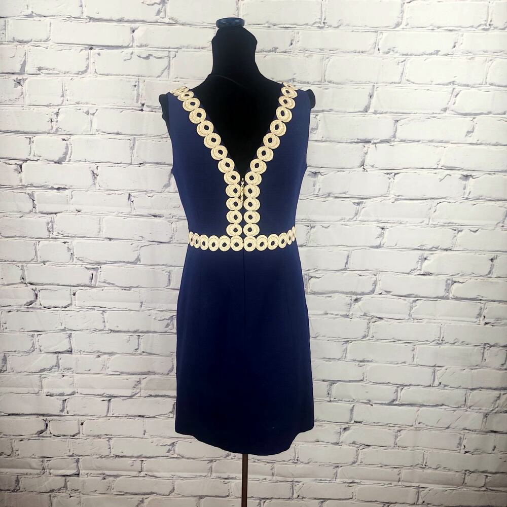 Lily Pulitzer Esme Dress Womens 2 100% Cotton True Navy Fun Flirty Metalic Trim - Picture 3 of 9